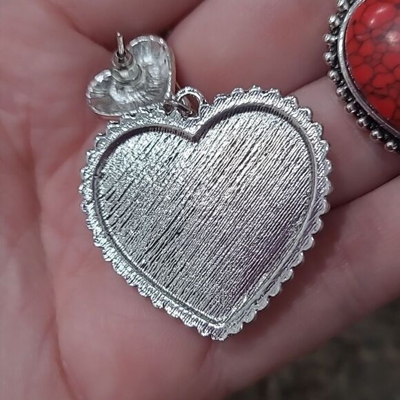 ♡ Valentines Gift ♡Deep Red Stone Alloy Heart Dangle Earrings - Picture 6 of 7
